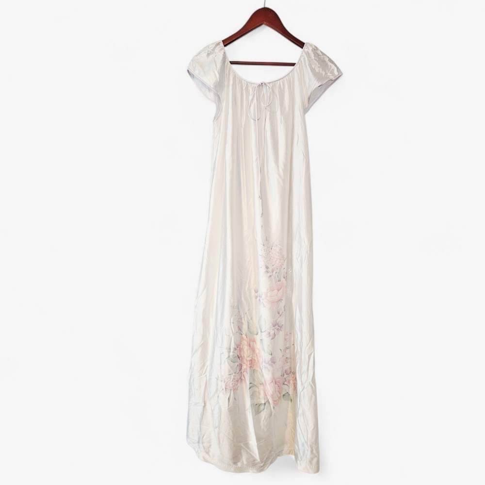 Vintage Val Mode Nylon Silky Satin Floral Watercolor Pastel Long Nightgown M
